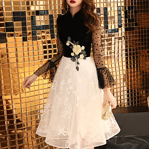 

A-Line Color Block Chinese Style Party Wear Cocktail Party Dress Stand Collar 3/4 Length Sleeve Knee Length Tulle Velvet with Embroidery Appliques 2021