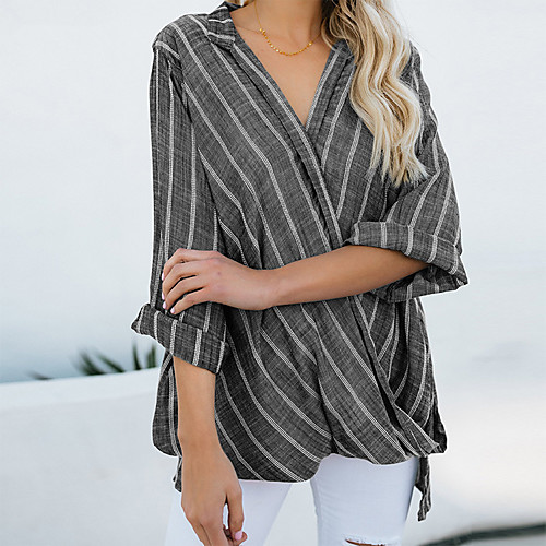 

Women's Blouse Shirt Striped Long Sleeve Print Shirt Collar Basic Streetwear Tops Black Gray