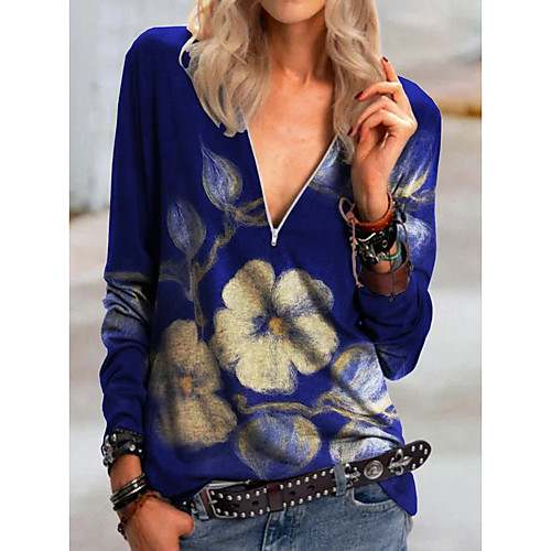 

Women's Floral Theme Painting T shirt Floral Graphic Long Sleeve Zipper Print V Neck Basic Tops Blue