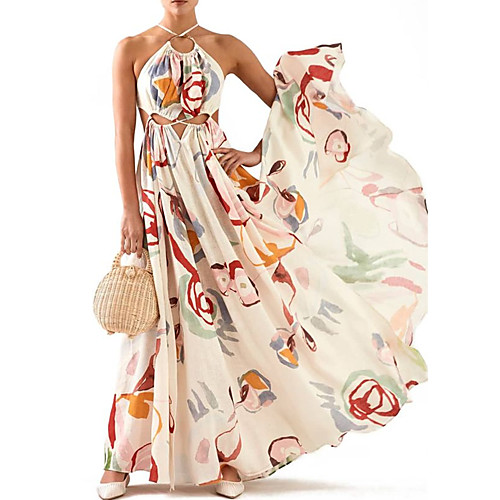 

Women's Swing Dress Maxi long Dress White Sleeveless Print Summer Halter Neck Casual 2021 S M L XL
