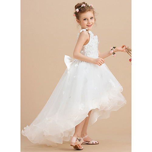

A-Line Asymmetrical Flower Girl Dresses Party Tulle Sleeveless Jewel Neck with Appliques