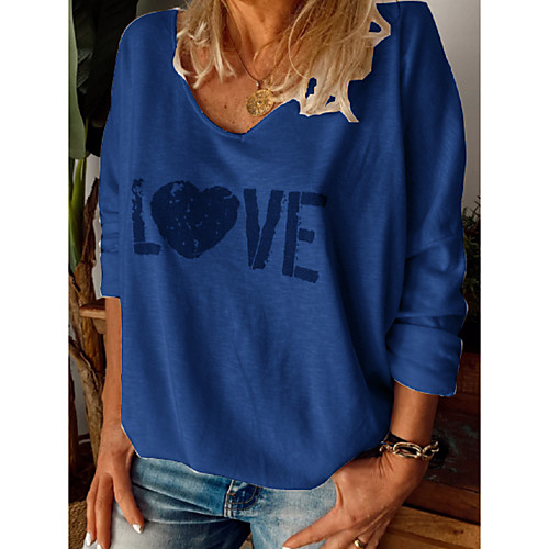 

Women's Painting T shirt Heart Letter Long Sleeve Print V Neck Basic Tops Blue Yellow Gray