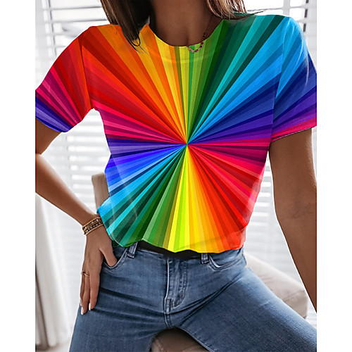 

Women's 3D Printed Painting T shirt Rainbow Optical Illusion Print Round Neck Basic Tops Yellow