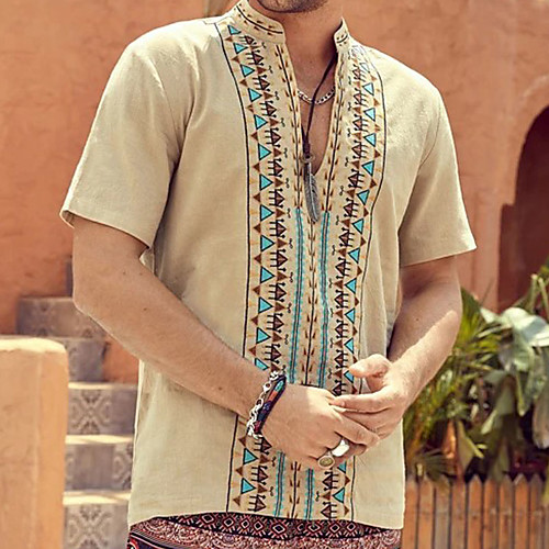 

Men's Shirt Tribal Button-Down Short Sleeve Casual Tops Chinese Style Casual Fashion Breathable Standing Collar Brown
