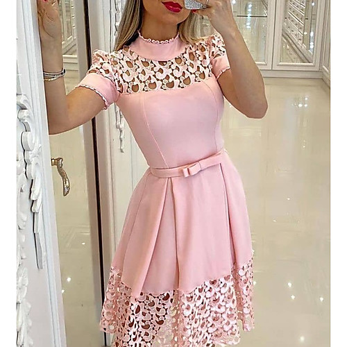 

2021 europe and the united states new pink high neck short sleeve hollow flower window dress lzr9147