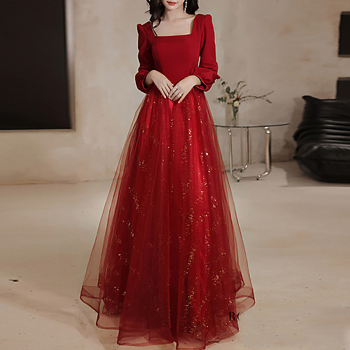 

A-Line Glittering Elegant Engagement Formal Evening Dress Scoop Neck Long Sleeve Floor Length Tulle Stretch Fabric with Sequin 2021
