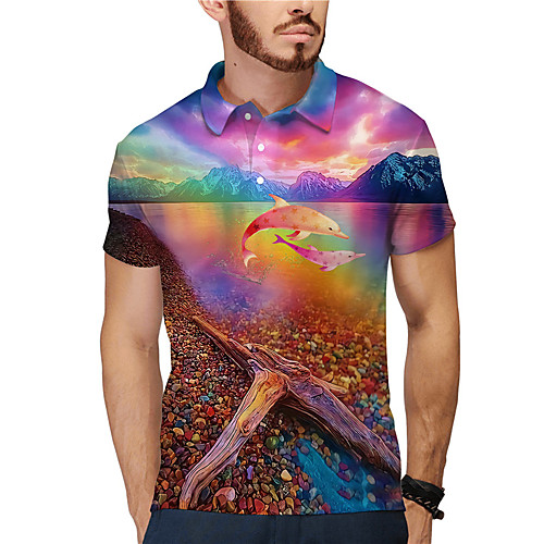 

Men's Golf Shirt Tennis Shirt 3D Print Rainbow Fish Animal Button-Down Short Sleeve Street Tops Casual Fashion Cool Rainbow / Sports