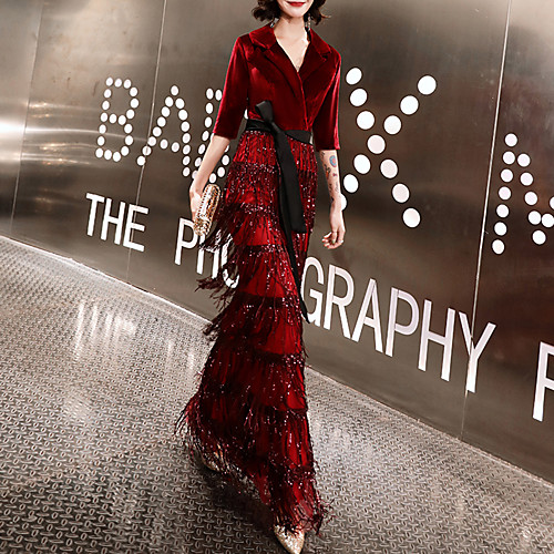 

Mermaid / Trumpet Sparkle Elegant Party Wear Prom Dress V Neck Long Sleeve Floor Length Sequined Velvet with Sash / Ribbon Sequin Tassel 2021