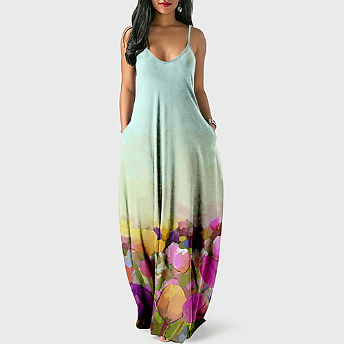 

Women's Strap Dress Maxi long Dress Blue Yellow Light Green Sleeveless Floral Print Summer V Neck Casual 2021 XS S M L XL XXL 3XL 4XL 5XL 6XL