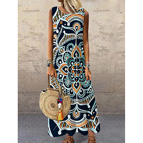 

Women's Shift Dress Maxi long Dress Blue Sleeveless Floral Print Summer Round Neck Elegant 2021 S M L XL XXL 3XL