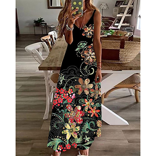

Women's A Line Dress Maxi long Dress Black Sleeveless Floral Print Print Spring Summer V Neck Casual Holiday 2021 S M L XL XXL 3XL