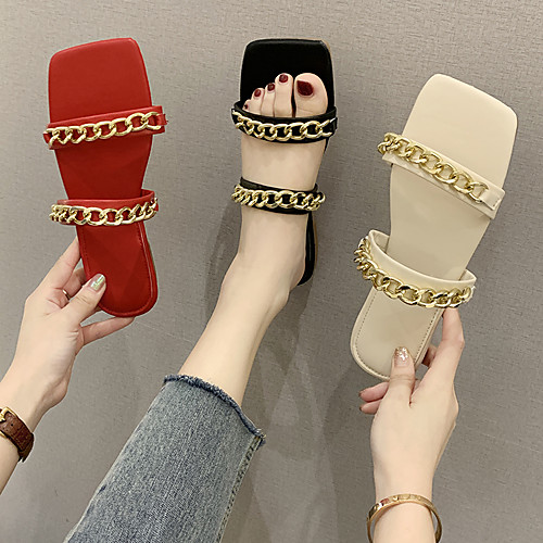 

Women's Slippers & Flip-Flops Flat Heel Square Toe PU Sequin Solid Colored Red Light Green Black