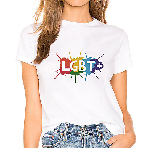 

Women's Painting T shirt Rainbow Color Block Letter Print Round Neck Basic LGBT Pride Tops White Black