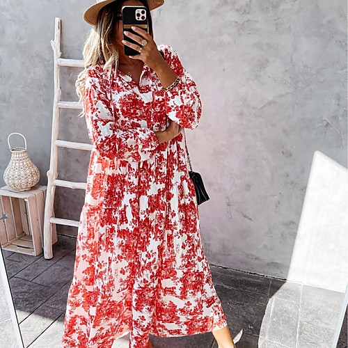 

Women's Swing Dress Maxi long Dress Blue Gray Green Red Long Sleeve Floral / Botanical Summer Casual Floral 2021 S M L XL 2XL