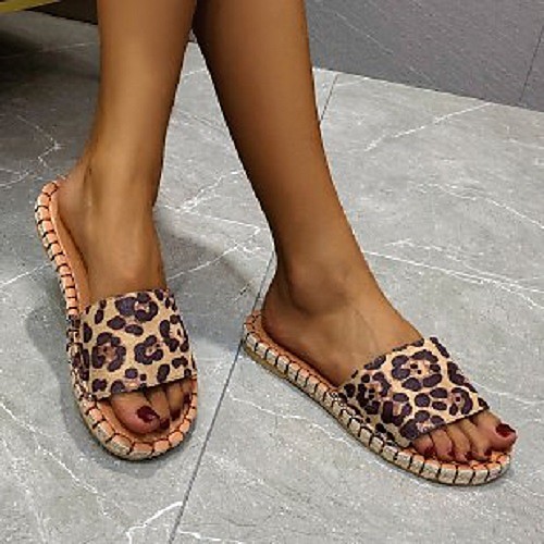 

Women's Sandals Outdoor Slippers Flat Heel Round Toe PU Leopard Brown Beige