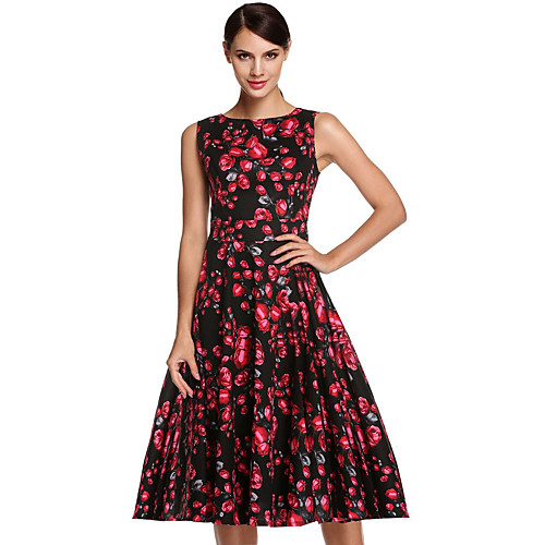 

A-Line Minimalist Floral Holiday Wedding Guest Dress Jewel Neck Sleeveless Knee Length Cotton with Pattern / Print 2021