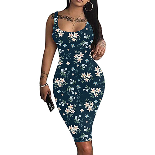 

Women's Sheath Dress Knee Length Dress Orange White Light gray Beige Light Blue Sleeveless Print Print Summer Round Neck 1920s Sexy Party Club Beach 2021 S M L XL XXL
