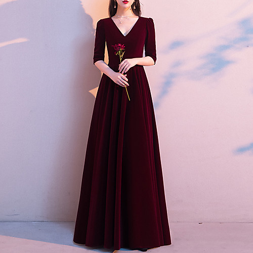 

A-Line Minimalist Vintage Engagement Formal Evening Dress V Neck Half Sleeve Floor Length Velvet with Sleek 2021