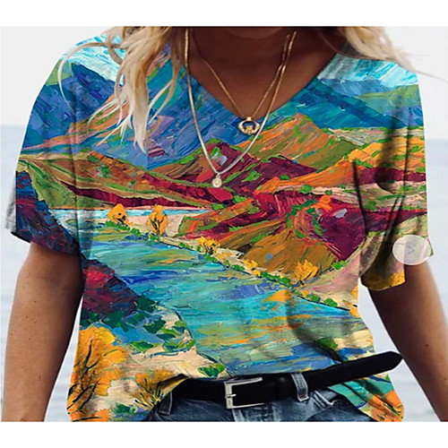 

Women's Abstract 3D Printed Painting T shirt Cat Scenery 3D Print V Neck Basic Tops White Blue Red
