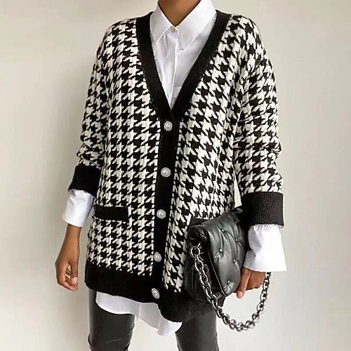 

Women's Plaid / Check Sweater Long Sleeve Sweater Cardigans V Neck Black