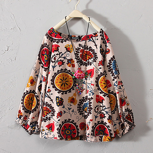 

Women's Plus Size Tops Blouse Shirt Floral Long Sleeve U Neck Blue flowers on white Ink green Sunflower yellow Big Size L XL 2XL 3XL 4XL