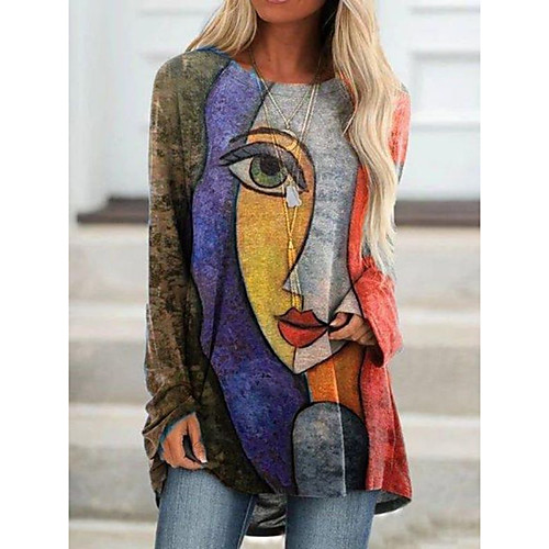 

Women's Abstract Portrait T shirt Portrait Long Sleeve Print Round Neck Basic Tops Purple Dusty Rose Light Green