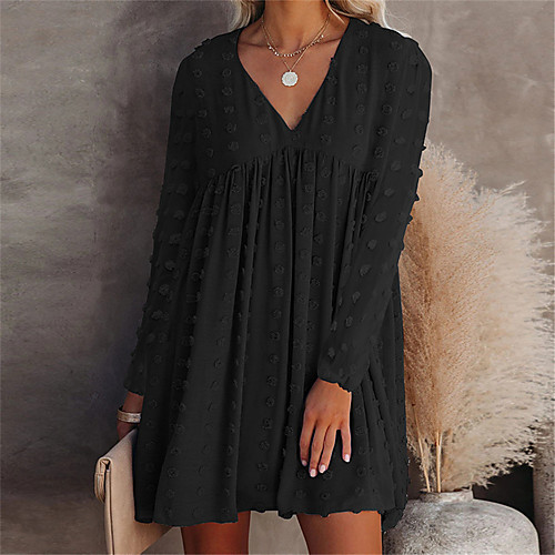

Women's T Shirt Dress Tee Dress Short Mini Dress Blue Yellow Wine Green Royal Blue Black Long Sleeve Polka Dot Solid Color Smocked Jacquard Spring Summer V Neck Casual Holiday Loose 2021 XS S M L XL
