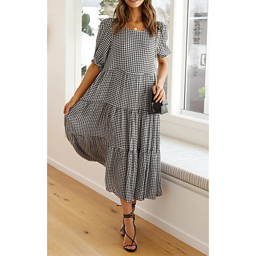 

Women's Swing Dress Maxi long Dress Gray Short Sleeve Plaid / Check Spring Summer Casual 2021 S M L XL