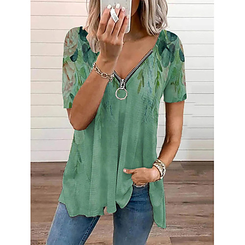 

Women's Blouse Shirt Floral Leopard Zipper Print V Neck Basic Streetwear Tops White Green