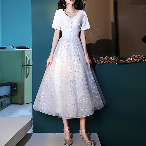 

A-Line Glittering Elegant Party Wear Prom Dress V Neck Short Sleeve Tea Length Tulle Stretch Fabric with Beading Sequin 2021