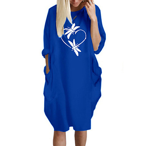 

Women's T Shirt Dress Tee Dress Knee Length Dress Blue Yellow Fuchsia Gray Green White Black Long Sleeve Print Spring Summer Round Neck Casual Oversized 2021 S M L XL XXL 3XL 4XL 5XL