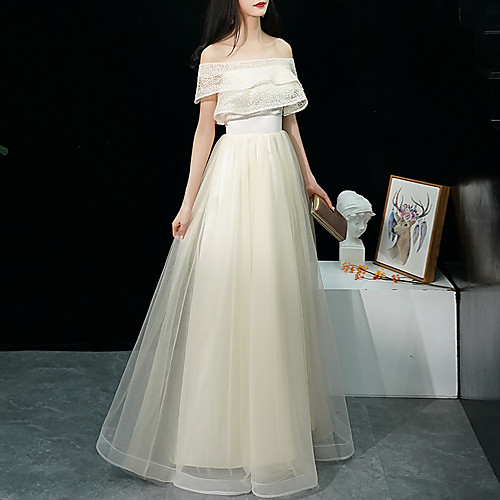 

A-Line Minimalist Elegant Wedding Guest Prom Dress Off Shoulder Short Sleeve Floor Length Tulle with Lace Insert 2021
