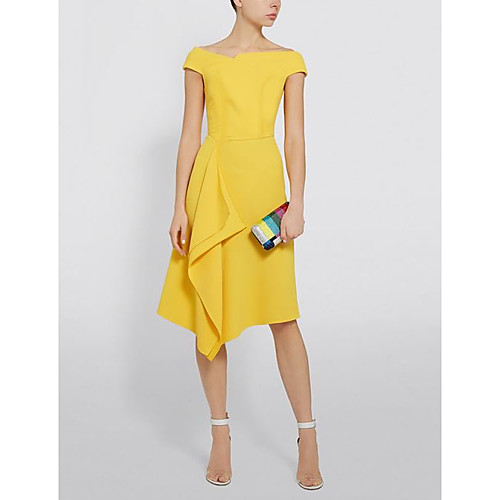 

Sheath / Column Elegant Holiday Cocktail Party Dress Boat Neck Short Sleeve Knee Length Satin with 2021