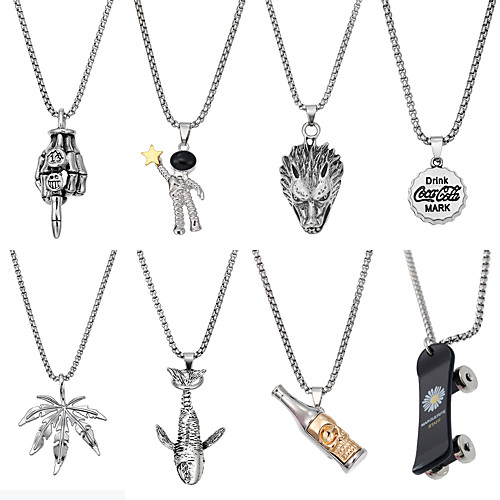 

8Pcs Hipster Punk Necklace Set Rock Stainless Steel Pendant Necklace Hand Spaceman Wolf Leaf Shark Wine bottle Scooter Pendant Necklace for Women and Men