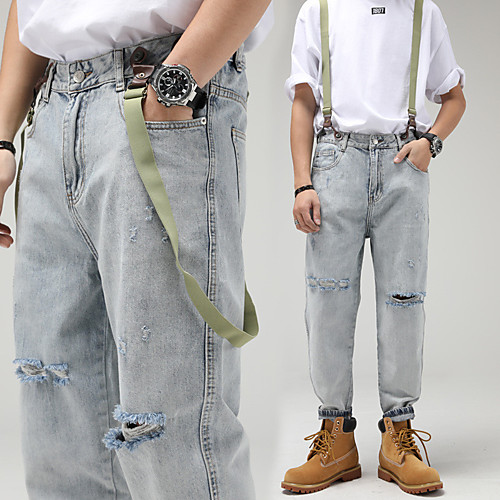 

Men's Stylish Sporty Casual / Sporty Streetwear Comfort Daily Sports Pants Jeans Overalls Trousers Pants Solid Color Full Length Light Blue