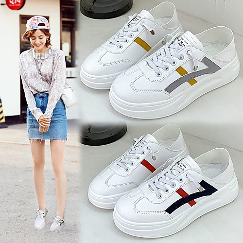 

Women's Sneakers White Shoes Flat Heel Round Toe PU Lace-up Striped Black / White White / Yellow