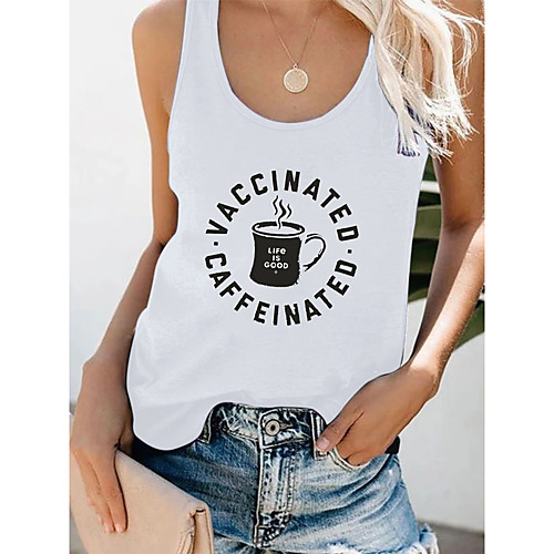 

Women's Tank Top T shirt Letter Print Round Neck Basic Tops Cotton White Black Gray