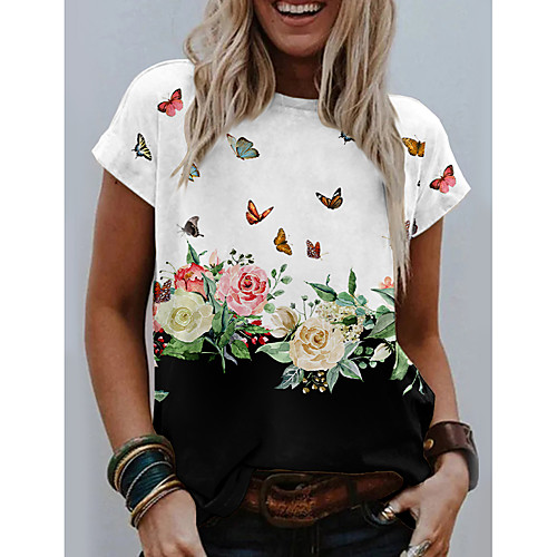 

Women's Floral Theme Butterfly Painting T shirt Floral Butterfly Color Block Print Round Neck Basic Tops Black