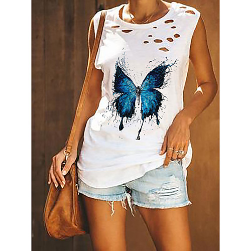 

Women's Butterfly Tank Top Vest Butterfly Animal Cut Out Print Round Neck Basic Streetwear Tops Cotton White Army Green Black