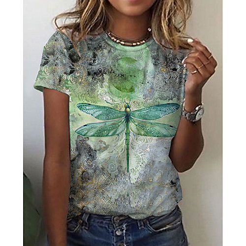 

Women's Abstract Painting T shirt Graphic Tie Dye Animal Print Round Neck Basic Tops Green
