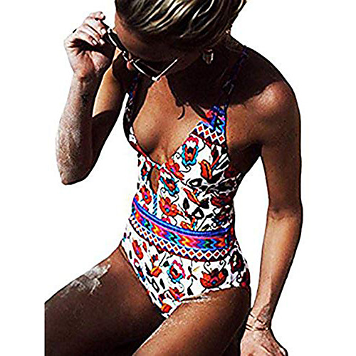 

Women's One Piece Monokini Swimsuit Open Back Hole Floral Tribal Multi-Color Blue Yellow Rainbow Swimwear Padded Plunge Bathing Suits New Vintage Sexy / Strap / Padded Bras / Going out / Slim / Strap