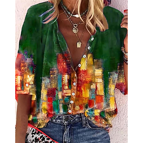 

Women's Blouse Shirt Graphic Long Sleeve Print Standing Collar Tops Purple Green