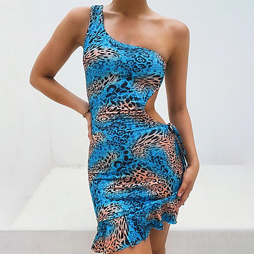 

Women's Sheath Dress Short Mini Dress Blue Sleeveless Print Summer One Shoulder Sexy 2021 S M L XL