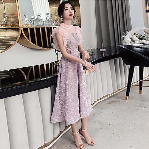 

A-Line Sparkle Elegant Party Wear Prom Dress High Neck Sleeveless Tea Length Sequined with Sequin 2021