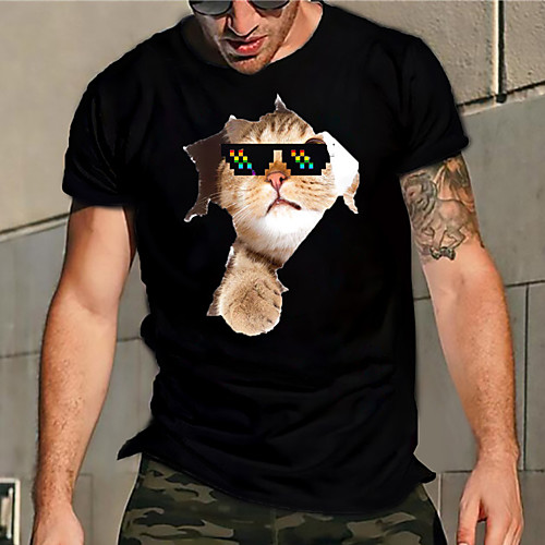 

Men's Unisex Tee T shirt Hot Stamping Cat Graphic Prints Plus Size Print Short Sleeve Casual Tops Basic Designer Big and Tall Black