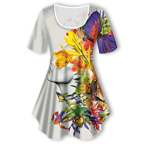 

Women's Plus Size Tops T shirt Floral Graphic Portrait Print Short Sleeve Crewneck Basic White Big Size XL XXL 3XL 4XL 5XL / Holiday