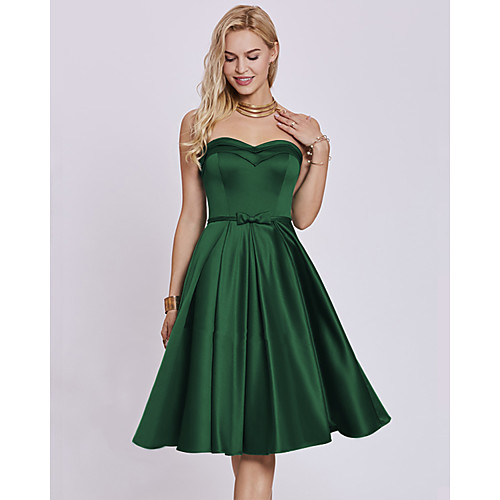 

A-Line Minimalist Elegant Engagement Cocktail Party Dress Strapless Sleeveless Knee Length Satin with Bow(s) Pleats 2021