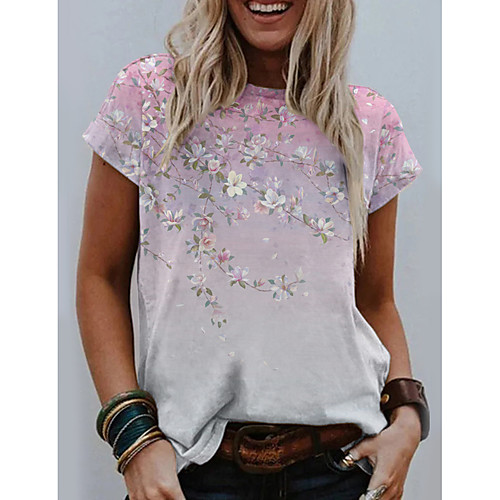 

Women's Floral Theme Painting T shirt Floral Graphic Print Round Neck Basic Tops Blushing Pink