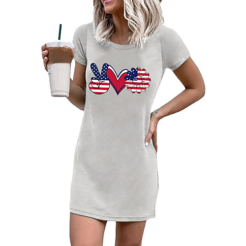 

2021 amazon new base coat independence day sunflower smart fun round neck short sleeve mini dress women