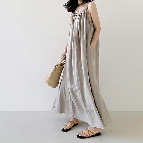 

Women's A Line Dress Maxi long Dress khaki Black Sleeveless Solid Color Spring Summer Casual 2021 One-Size / Cotton / Cotton